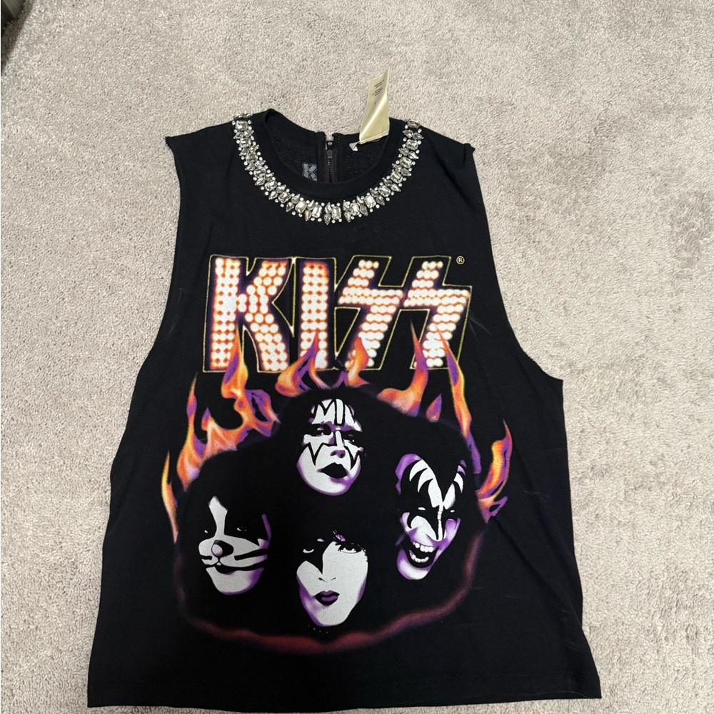 Alice & Olivia Kiss Graphic Sleeveless Top with Rhinestone Collar Size m/l